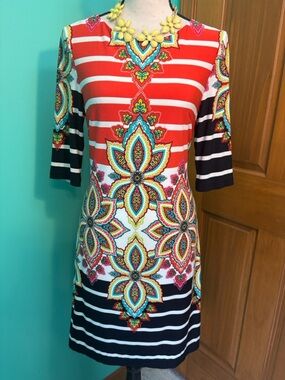 Joseph Ribkoff Red, Black & White Floral Stripe Tunic